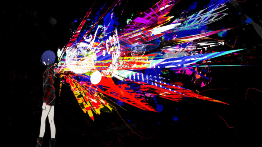 abstract, black_background, black_boots, black_jacket, black_shorts, blue_hair, boots, colorful