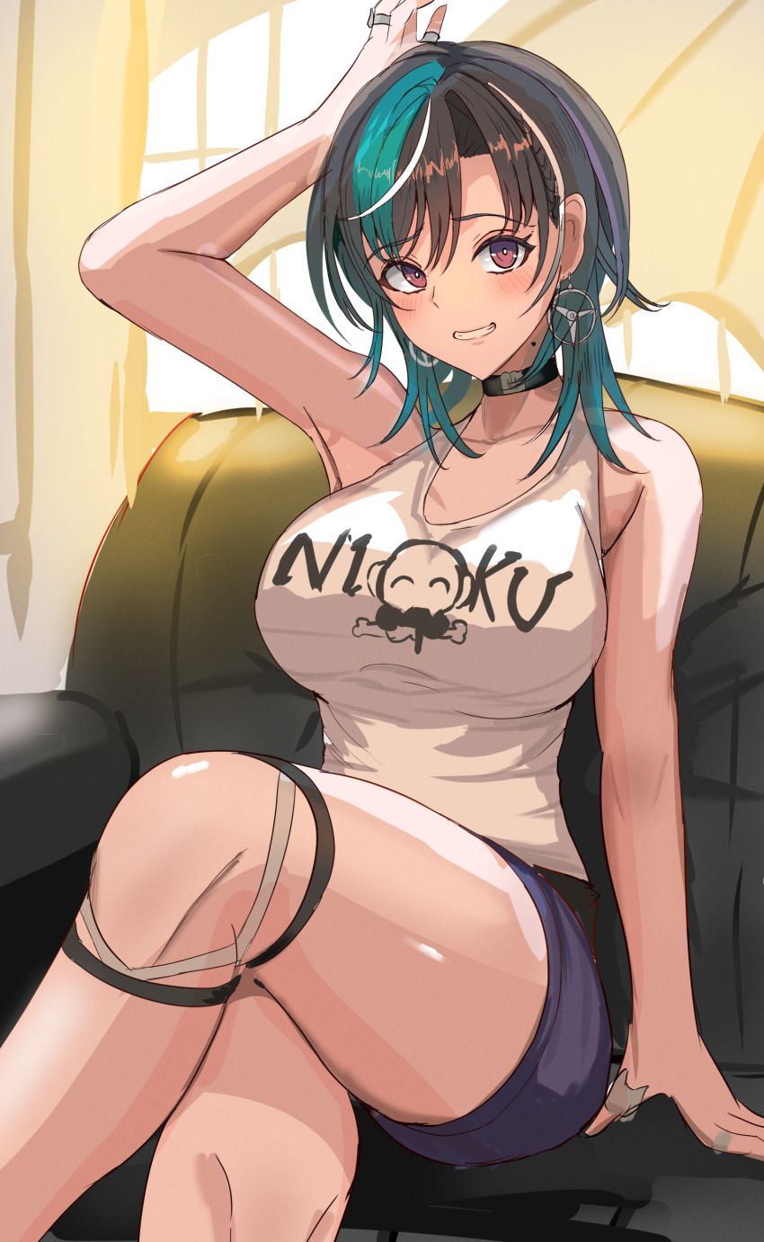 1girl, absurdres, aqua_hair, arm_support, bare_arms, black_choker, black_hair, blue_shorts, blush, breasts, choker, collarbone, commentary_request, couch, earrings, grin, highres, hololive, hololive_dev_is, indoors, jewelry, kurogomatcha, large_breasts, looking_at_viewer, medium_hair, multicolored_hair, red_eyes, rindo_chihaya, ring, short_shorts, shorts, sitting, smile, solo, streaked_hair, tank_top, thighs, virtual_youtuber, white_hair, white_tank_top