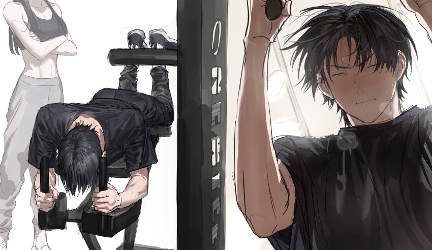 1boy, 1girl, absurdres, black_hair, black_pants, black_shirt, black_sports_bra, blush, chamuring, character_request, closed_eyes, closed_mouth, commentary, crossed_arms, exercising, grey_pants, han_maru, head_out_of_frame, highres, kang_chana, male_focus, pants, puff_of_air, shirt, short_hair, special_civil_servant, sports_bra, sweat, symbol-only_commentary