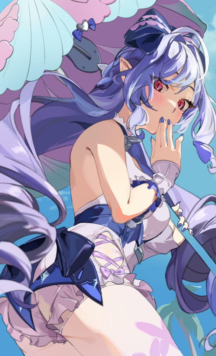 1girl, ass, dress_swimsuit, drill_hair, frilled_one-piece_swimsuit, frilled_wrist_cuffs, frills, highres