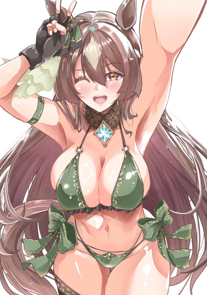 1girl, animal_ears, bikini, breasts, brown_hair, cleavage, green_bikini, highres