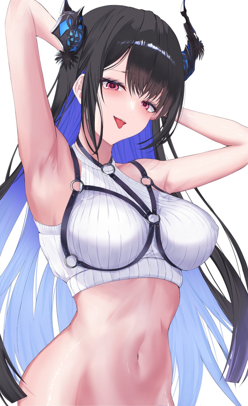 1girl, absurdres, armpits, asymmetrical_horns, bare_shoulders, black_hair, blue_hair, bottomless