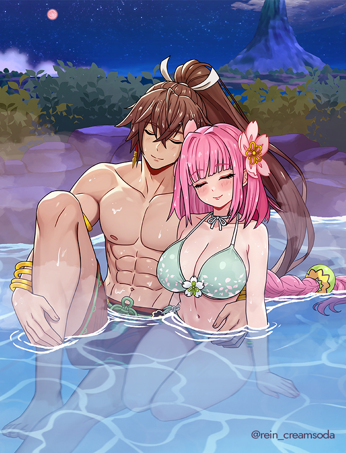 1boy, 1girl, abs, alternate_costume, breasts, brown_hair, closed_eyes, closed_mouth