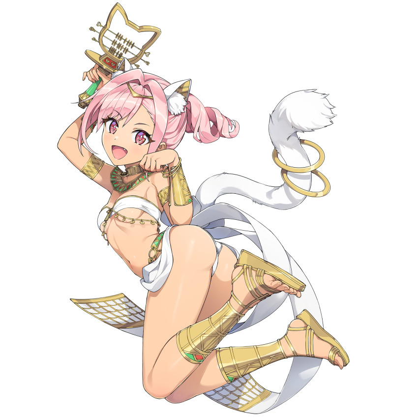1girl, ancient_egyptian, ancient_egyptian_clothes, animal_ears, armlet, ass, ass_focus, bracelet, breasts, cat_ears, cat_tail, dark-skinned_female, dark_skin, dolphin_wave, fake_animal_ears, fake_tail, fang, game_cg, highres, holding_abacus, jewelry, looking_at_viewer, navel, non-web_source, official_alternate_costume, official_art, ootomo_takuji, open_mouth, pink_eyes, pink_hair, sandals, self-datamine, side_ponytail, smile, solo, tail, underboob, urami_kana