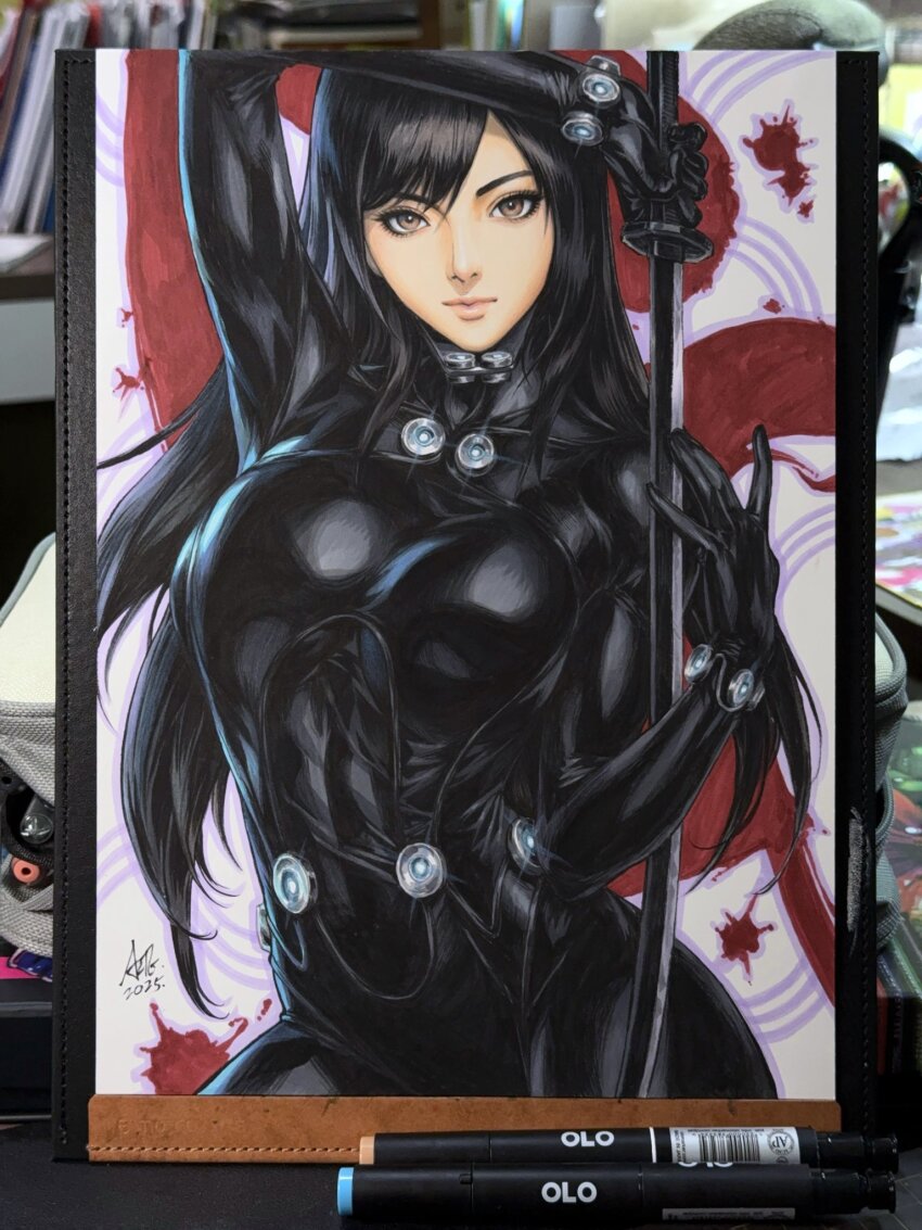 1girl, artist_name, black_hair, bodysuit, breasts, brown_eyes, commentary, gantz