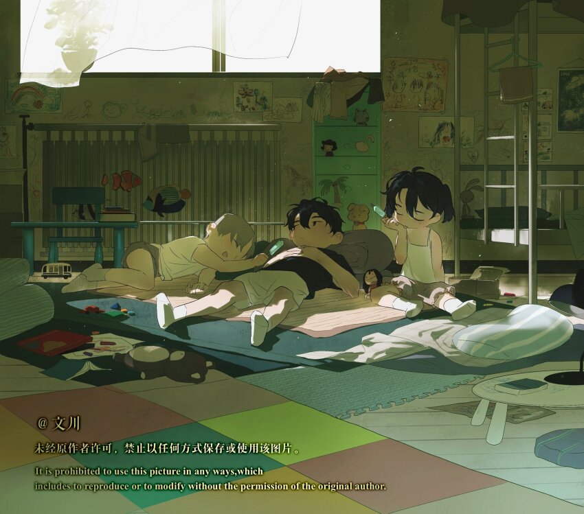 1girl, 2boys, angelfish, animal_print, bed, black_hair, blanket, blonde_hair, blush, book, bunk_bed, car, character_doll, character_request, check_character, cheon_inho, closed_eyes, clownfish, commentary, curtains, day, doll, drawer, english_commentary, fish, fish_print, full_body, hair_between_eyes, hand_on_own_chest, head_on_pillow, highres, indoors, light_particles, lying, mat, motor_vehicle, multiple_boys, nicayuko, omniscient_reader's_viewpoint, on_back, open_mouth, pillow, plant, potted_plant, shirt, short_hair, sleeping, socks, stuffed_animal, stuffed_toy, table, teddy_bear, toy, unworn_clothes, white_shirt, white_socks, window_light, yoo_joonghyuk, yoo_mia