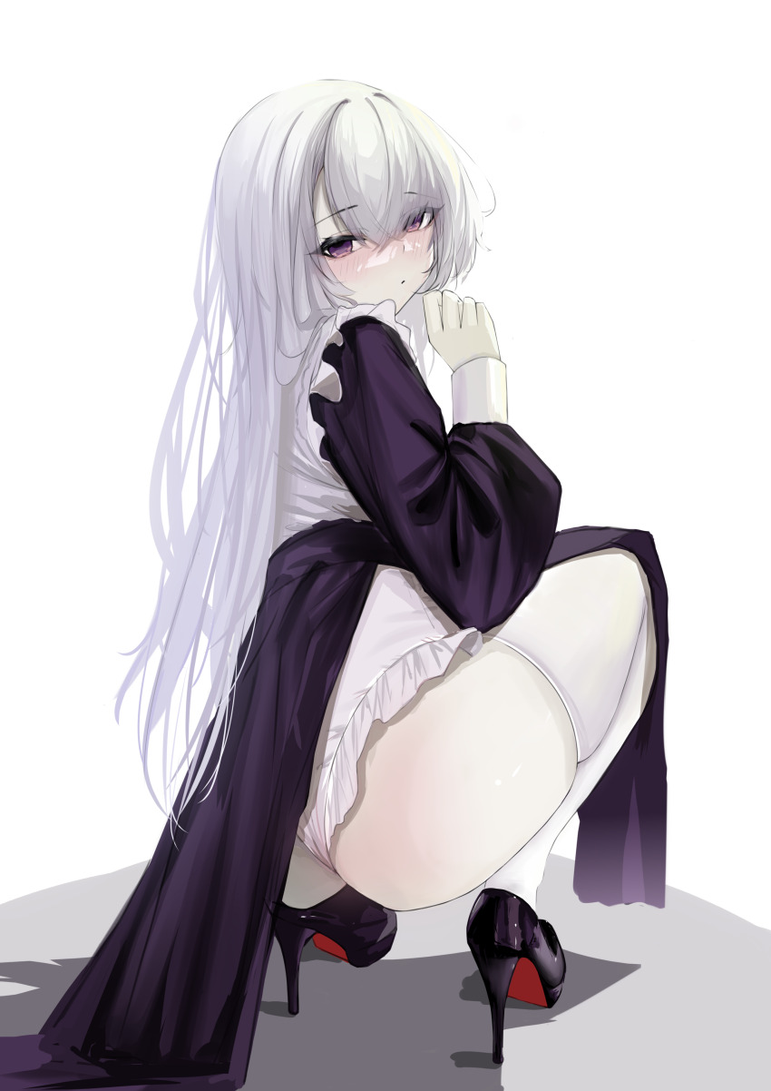 1girl, absurdres, ass, blush, frills, from_behind, hair_between_eyes, hand_up