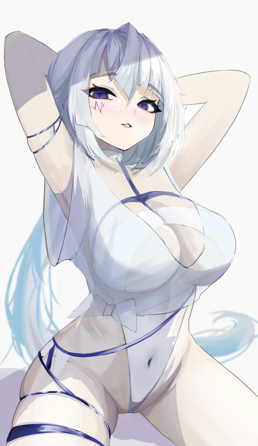 1girl, absurdres, alchemy_stars, armlet, armpits, arms_behind_head, asymmetrical_bangs, asymmetrical_hair