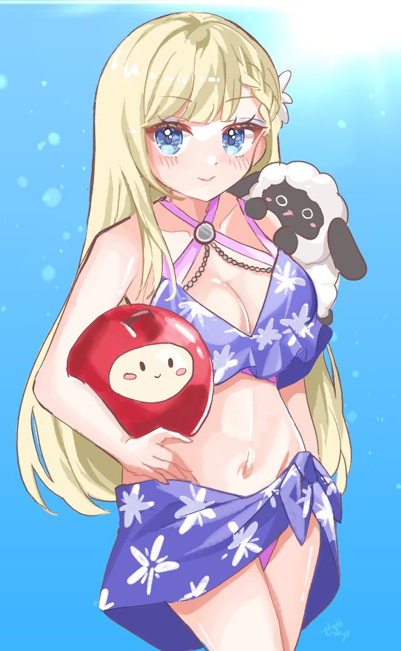 1girl, alternate_costume, blonde_hair, blue_eyes, clarice_(rune_factory), closed_mouth, flower, karingityou