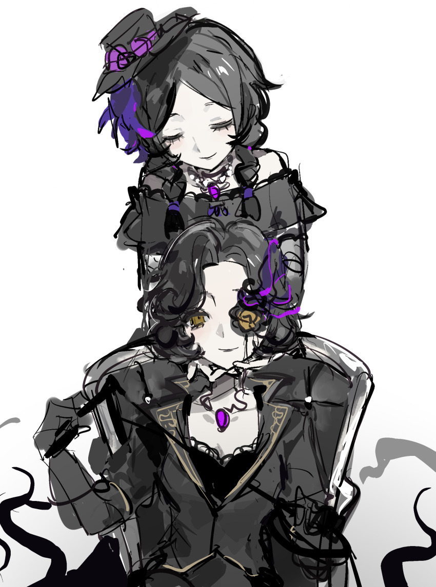 2girls, absurdres, anne_lester, anne_lester_(hidden), black_dress, black_gloves, black_hair, black_jacket, braid, chair, closed_eyes, closed_mouth, dress, flower, flower_eyepatch, gloves, hair_flower, hair_ornament, hat, highres, holding, identity_v, jacket, jewelry, looking_at_viewer, margaretha_zelle, margaretha_zelle_(vile_blossom), multiple_girls, parted_bangs, rose, shangxindelucha6026, simple_background, sitting, sketch, smile, top_hat, twin_braids, white_background, yellow_eyes