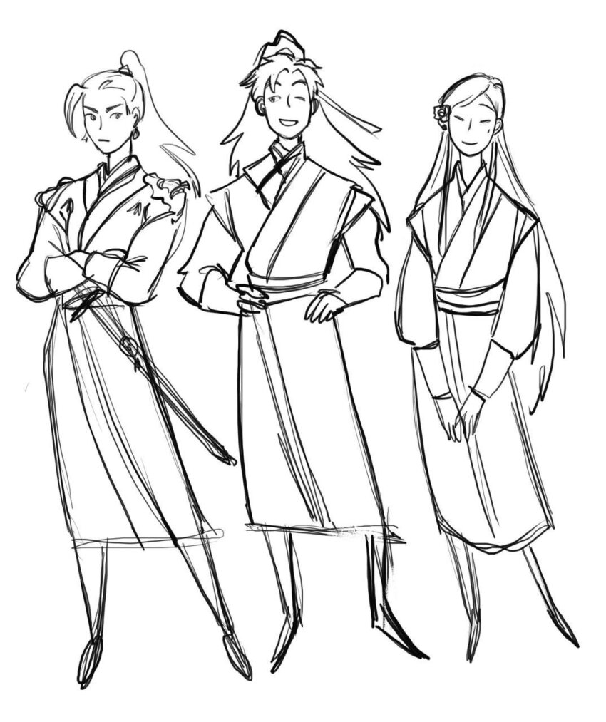 3boys, chinese_clothes, closed_eyes, closed_mouth, commentary, crossed_arms, earrings, english_commentary