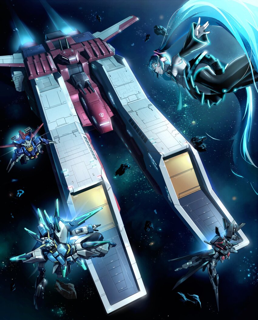 1girl, absurdres, aqua_eyes, aqua_hair, black_skirt, black_thighhighs, crossover, detached_sleeves