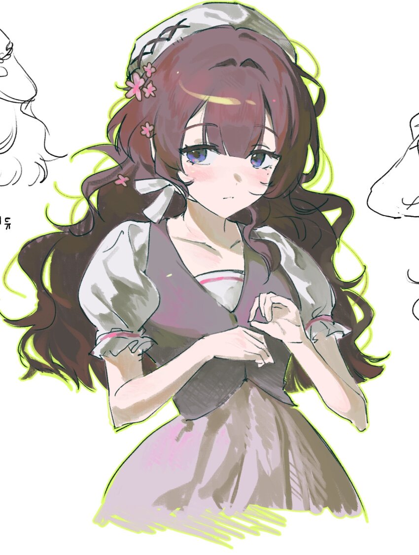 1girl, :/, beret, blue_eyes, brown_hair, cropped_torso, flower, guni_(9guniguni)