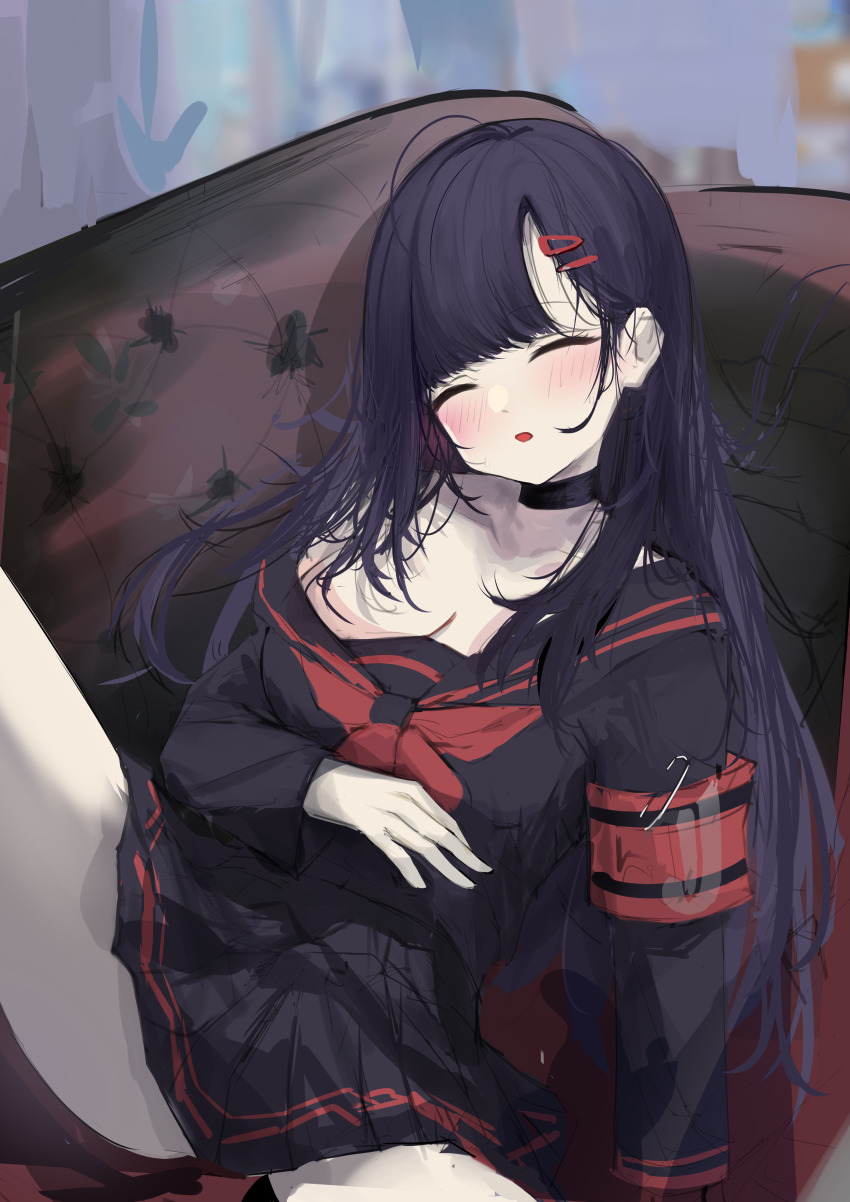 1girl, :o, absurdres, armband, asymmetrical_bangs, bare_shoulders, black_hair, blue_archive, blush, bow, breasts, choker, cleavage, closed_eyes, collarbone, couch, hair_ornament, hairclip, he_yue, highres, ichika_(blue_archive), knees_up, large_breasts, legs_apart, long_hair, lying, miniskirt, off-shoulder_shirt, off_shoulder, on_back, open_mouth, pleated_skirt, safety_pin, school_uniform, serafuku, shirt, sidelocks, skirt, sleeping, solo