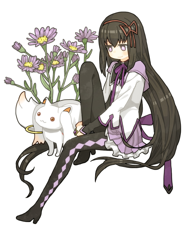 10s, akemi_homura, akemi_homura_(magical_girl), black_hair, flower, hugging_own_legs, kyubey, light_smile