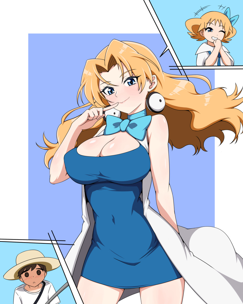 1boy, ^^^, blonde_hair, blue_dress, bow, bowtie, breasts, cleavage