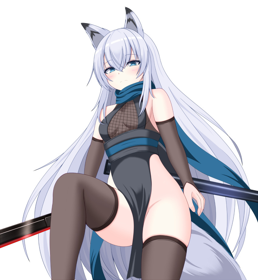 1girl, animal_ears, arm_behind_back, asagiri_mito, azur_lane, bare_shoulders, black_dress, blue_eyes, blush, breasts, dress, fishnets, fox_ears, fox_girl, fox_tail, from_below, frown, groin, hair_between_eyes, highleg, highleg_dress, highres, hip_focus, holding, holding_sword, holding_weapon, katana, kawakaze_(azur_lane), kawakaze_(guardian_fox_forever_loyal)_(azur_lane), knee_up, long_hair, looking_at_viewer, looking_down, no_panties, sleeveless, sleeveless_dress, small_breasts, solo, sword, tail, thighhighs, thighs, very_long_hair, weapon, white_hair
