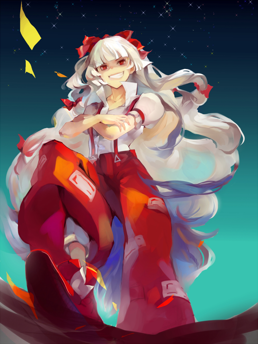 1girl, boots, bow, coffeefox33, crossed_arms, female_focus, fujiwara_no_mokou, grin