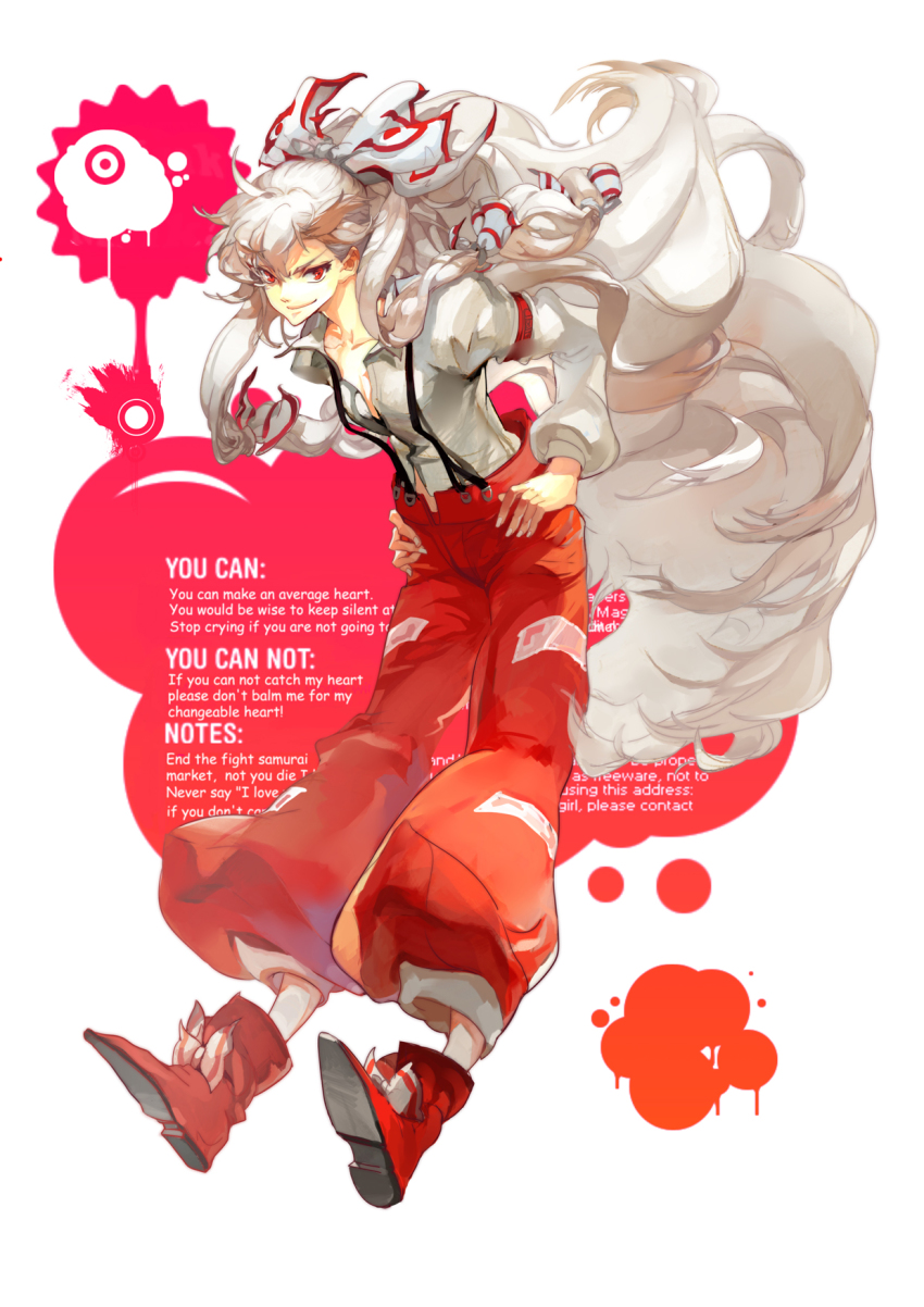 1girl, boots, bow, coffeefox33, english_text, engrish_text, female_focus, fujiwara_no_mokou