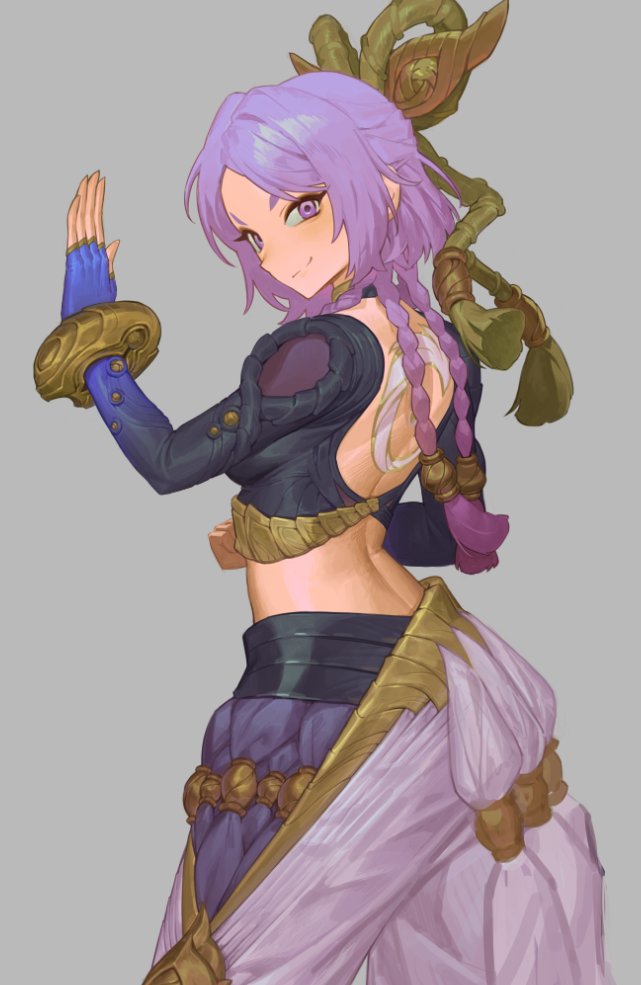 1girl, back_tattoo, blue_gloves, braid, clenched_hand, cowboy_shot, crop_top, fingerless_gloves, furrype4ch, gloves, grey_background, hand_up, league_of_legends, looking_at_viewer, multiple_braids, purple_eyes, purple_hair, simple_background, smile, solo, tattoo, yunara_(league_of_legends)