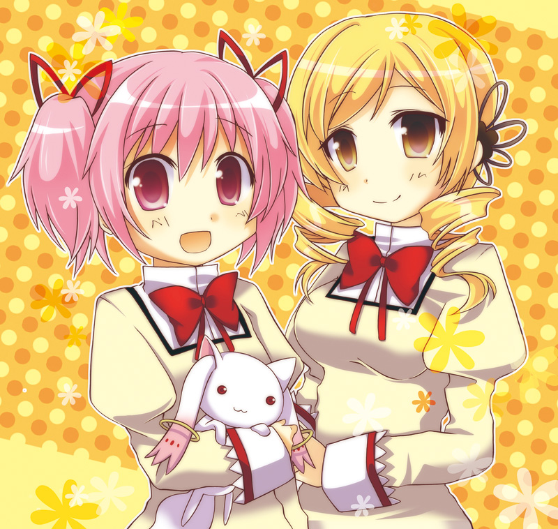 10s, 2girls, blonde_hair, drill_hair, kaname_madoka, kyubey, mahou_shoujo_madoka_magica, mahou_shoujo_madoka_magica_(anime), misato_miyu, multiple_girls, pink_eyes, pink_hair, school_uniform, smile, tomoe_mami, twin_drills, twintails, upper_body, yellow_eyes
