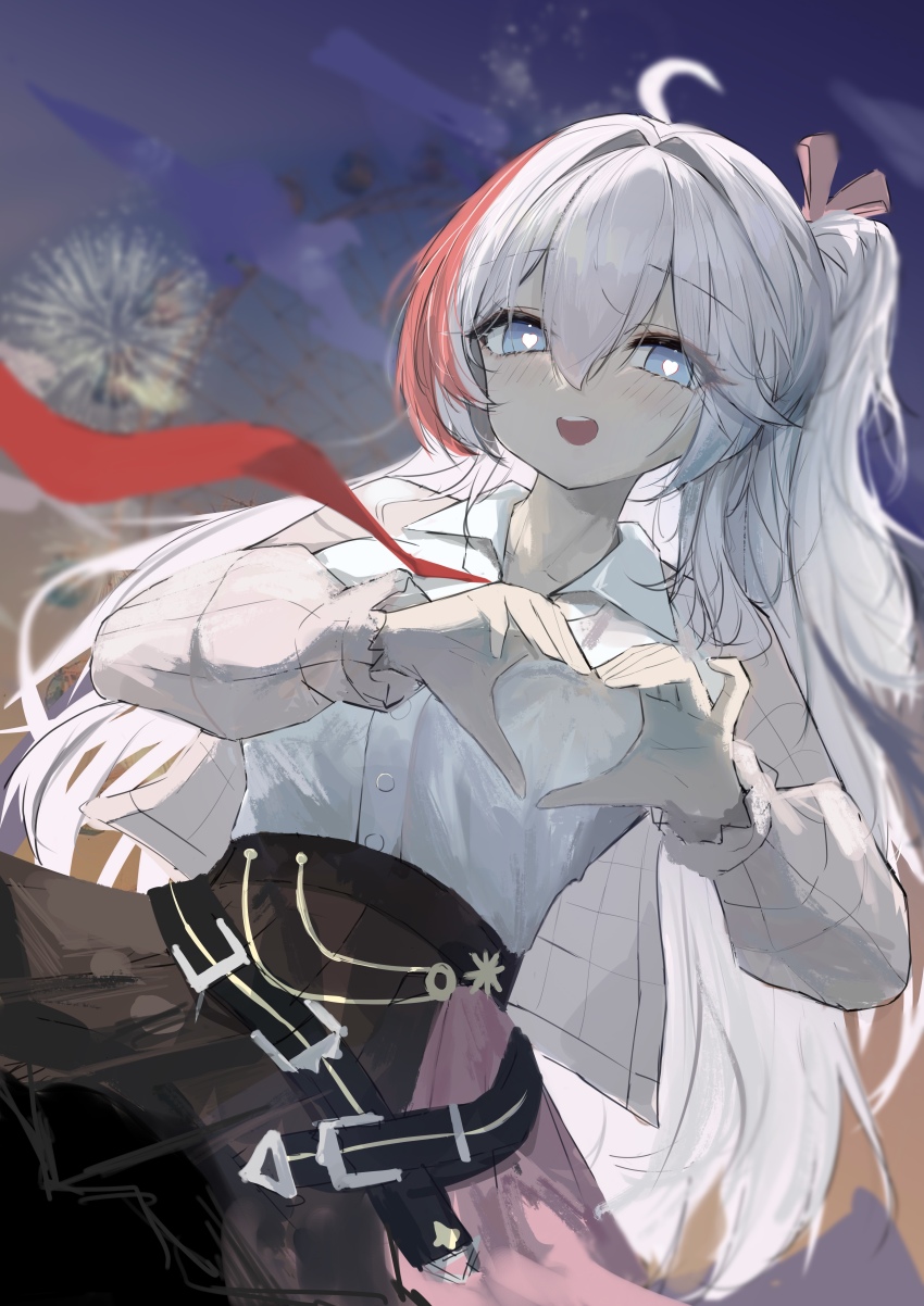 1girl, absurdres, ahoge, belt, belt_buckle, blue_eyes, blush, buckle