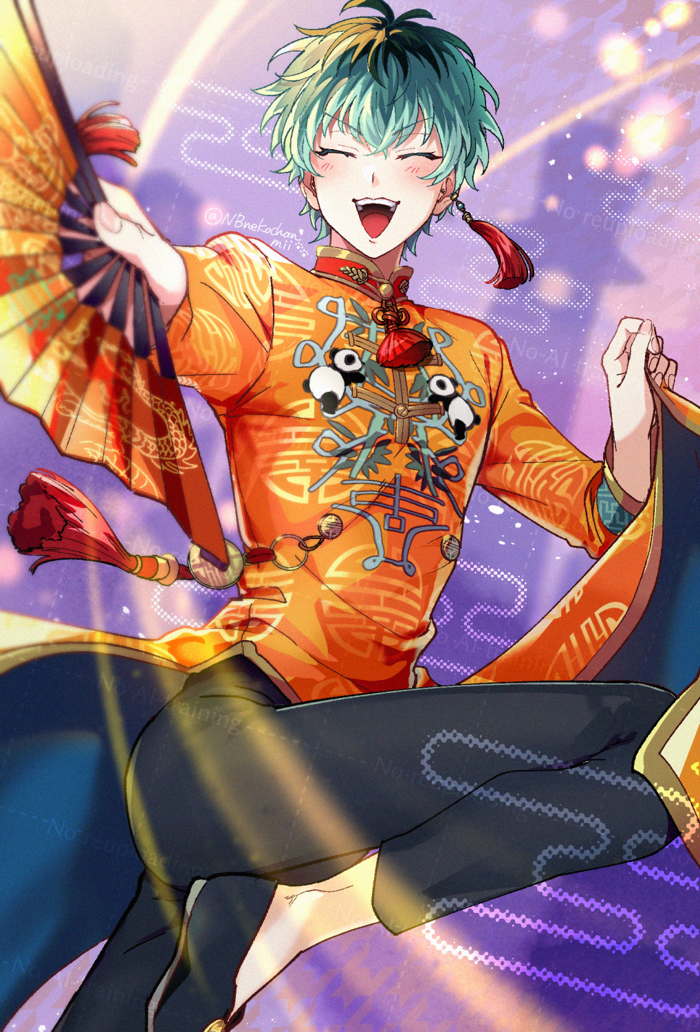 1boy, :d, animal_print, antenna_hair, aqua_hair, bear_print, black_pants, black_shoes, blurry, blurry_background, blurry_foreground, blush, bokeh, capri_pants, changpao, chinese_clothes, choppy_bangs, closed_eyes, colored_eyelashes, commentary_request, cowboy_shot, depth_of_field, dragon_print, ear_piercing, earrings, egasumi, facing_viewer, fingernails, flats, floating_clothes, flower_knot, folding_fan, gold_trim, grin, hair_between_eyes, hand_fan, hand_up, highres, hypnosis_mic, hypnosis_mic:_dream_rap_battle, jewelry, light_particles, long_sleeves, male_focus, mandarin_collar, multicolored_hair, nbnekochan, nurude_sasara, official_alternate_costume, open_mouth, orange_changpao, outstretched_arm, pale_skin, panda_print, pants, piercing, print_changpao, purple_background, shoes, short_hair, shou_(symbol), side_slit, smile, solo, standing, standing_on_one_leg, stud_earrings, tassel, tassel_earrings, teeth, tongue, twitter_username, two-sided_fabric, upper_teeth_only, v-shaped_eyebrows, watermark, watermark_grid