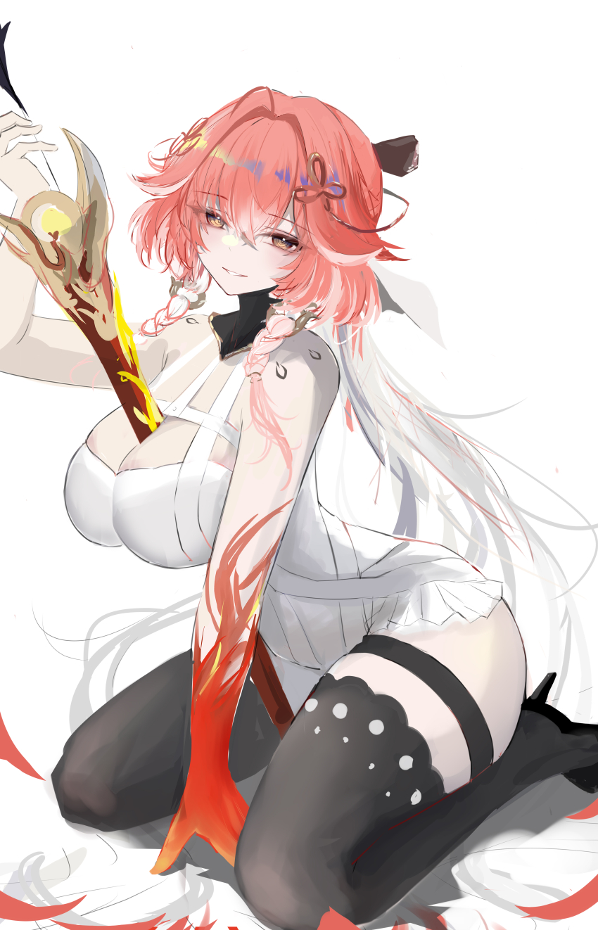 1girl, absurdres, amile, bare_shoulders, between_breasts, between_legs, braid, breasts