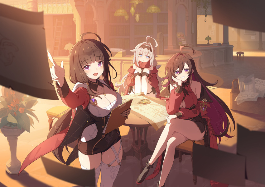 3girls, :d, ahoge, bare_shoulders, black_hair, black_leotard, black_skirt, blue_eyes, blunt_bangs, breasts, chair, cleavage, clipboard, collarbone, crossed_legs, detached_collar, game_cg, garter_straps, grey_hair, grin, hair_intakes, highres, holding, holding_clipboard, horizon_(stella_sora), indoors, jewelry, knees_up, large_breasts, leafia_(stella_sora), leotard, low-tied_sidelock, miniskirt, multiple_girls, necklace, non-web_source, official_art, on_chair, open_mouth, purple_eyes, self-datamine, side_slit, sidelocks, single_garter_strap, sitting, skirt, smile, standing, stella_sora, stool, thighhighs, white_thighhighs, willow_(stella_sora)