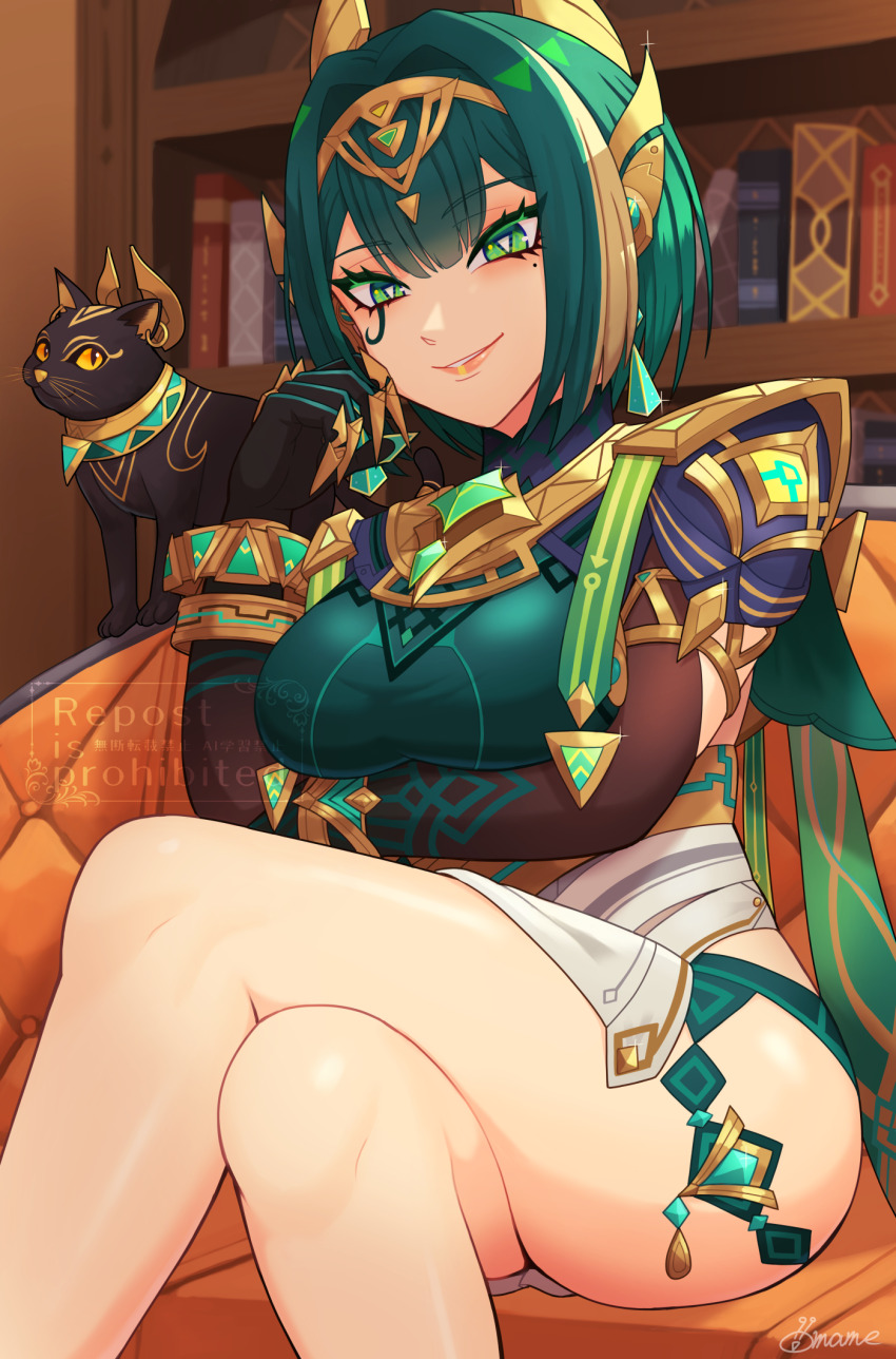 1girl, 1other, arm_under_breasts, ashru_(genshin_impact), black_gloves, book, bookshelf, breasts