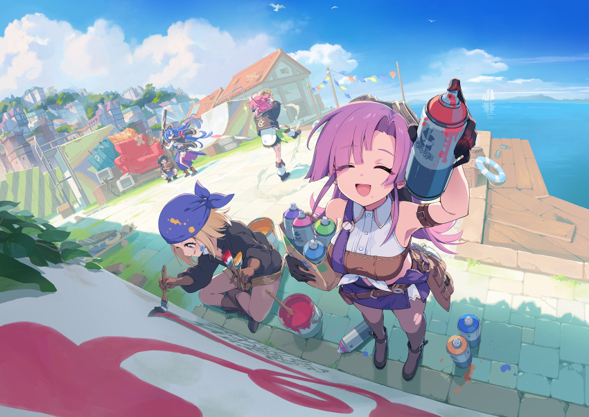 5girls, ahoge, ashwind_clan_(stella_sora), bag, bandeau, bare_shoulders, baseball_bat, baseball_cap