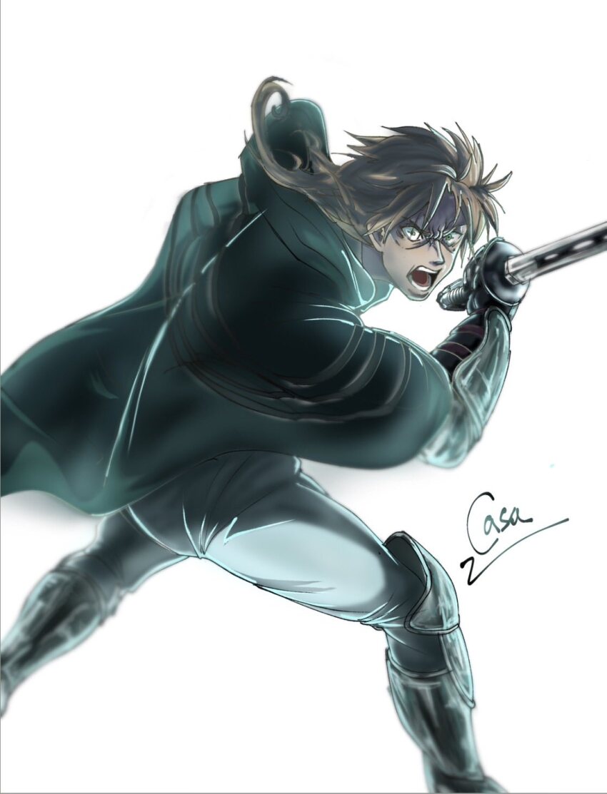 armored_boots, boots, cloak, gauntlets, green_cloak, green_eyes, highres, holding, holding_sword, holding_weapon, kyasaaman, male_focus, mole, mole_under_eye, mushoku_tensei, open_mouth, paul_greyrat, ponytail, screaming, sword, vambraces, weapon, white_background