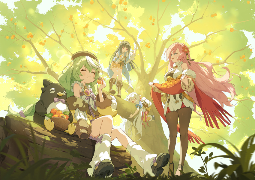 4girls, apricot_(fruit), bare_shoulders, black_hair, black_pantyhose, black_shoes, blue_hair, braid