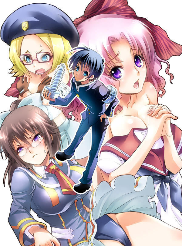 00s, 1boy, 3girls, armband, blonde_hair, blue_eyes, bow, breasts