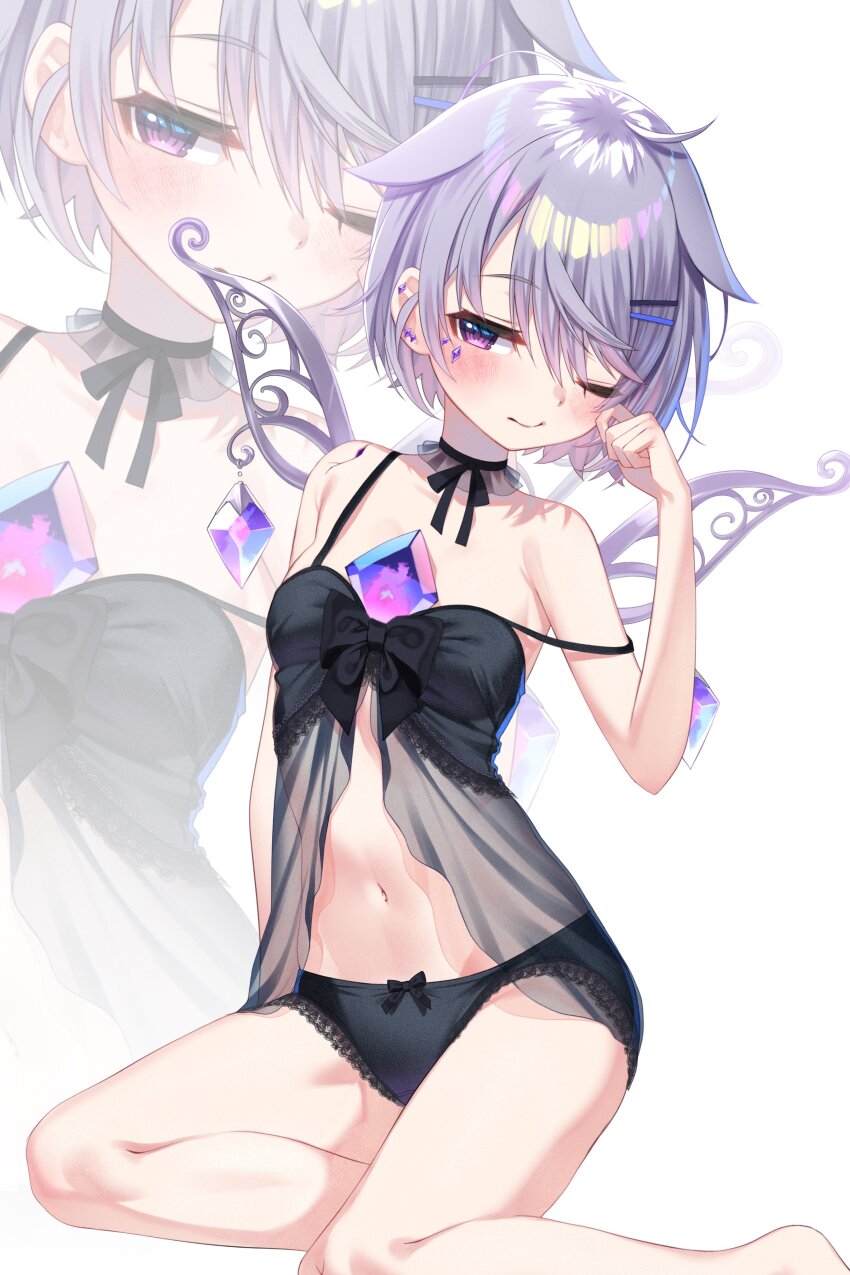 1girl, absurdres, alternate_costume, babydoll, black_babydoll, black_panties, black_ribbon, breasts, chest_jewel, grey_hair, highres, hololive, hololive_english, jewel_under_eye, koseki_bijou, lightenbee, loli, metal_wings, navel, neck_ribbon, one_eye_closed, panties, purple_eyes, ribbon, short_hair, small_breasts, solo, strap_slip, underwear, virtual_youtuber, zoom_layer