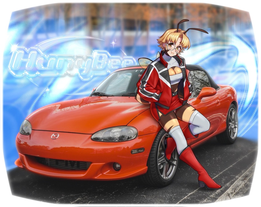 1girl, arthropod_girl, artist_name, bee_girl, bee_wings, blonde_hair, blurry, blurry_background