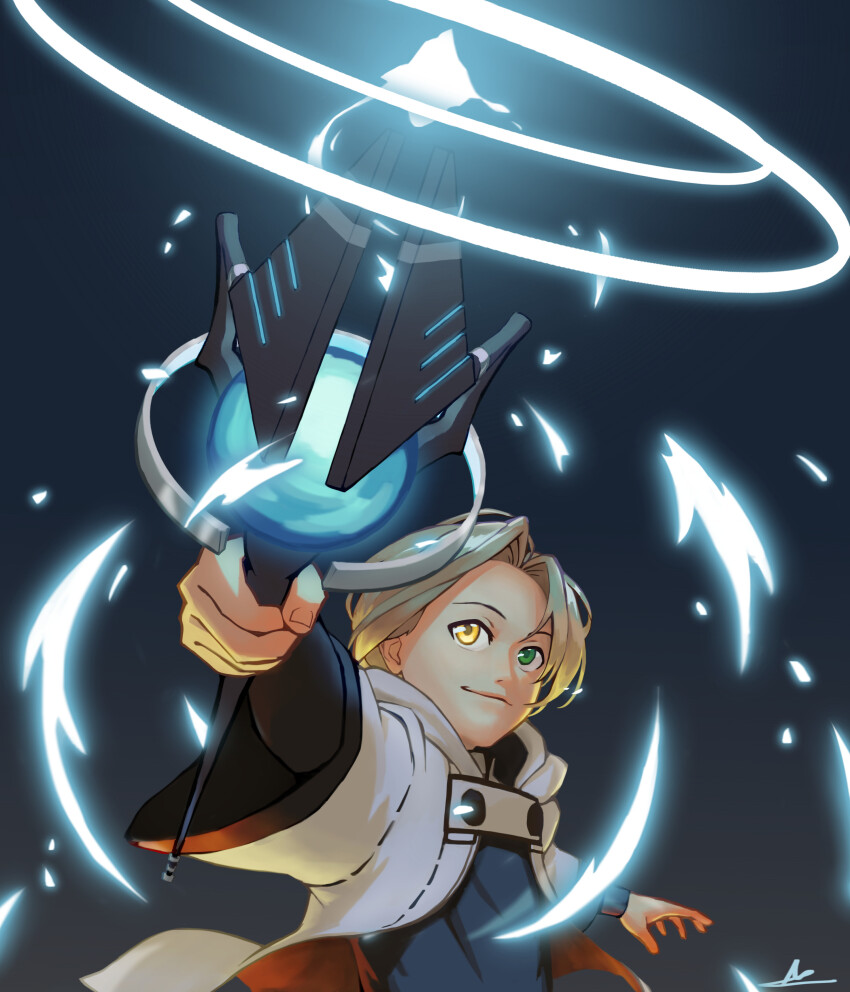 1boy, absurdres, aqua_heartia, brown_hair, casting_spell, cloak, green_eyes, heterochromia