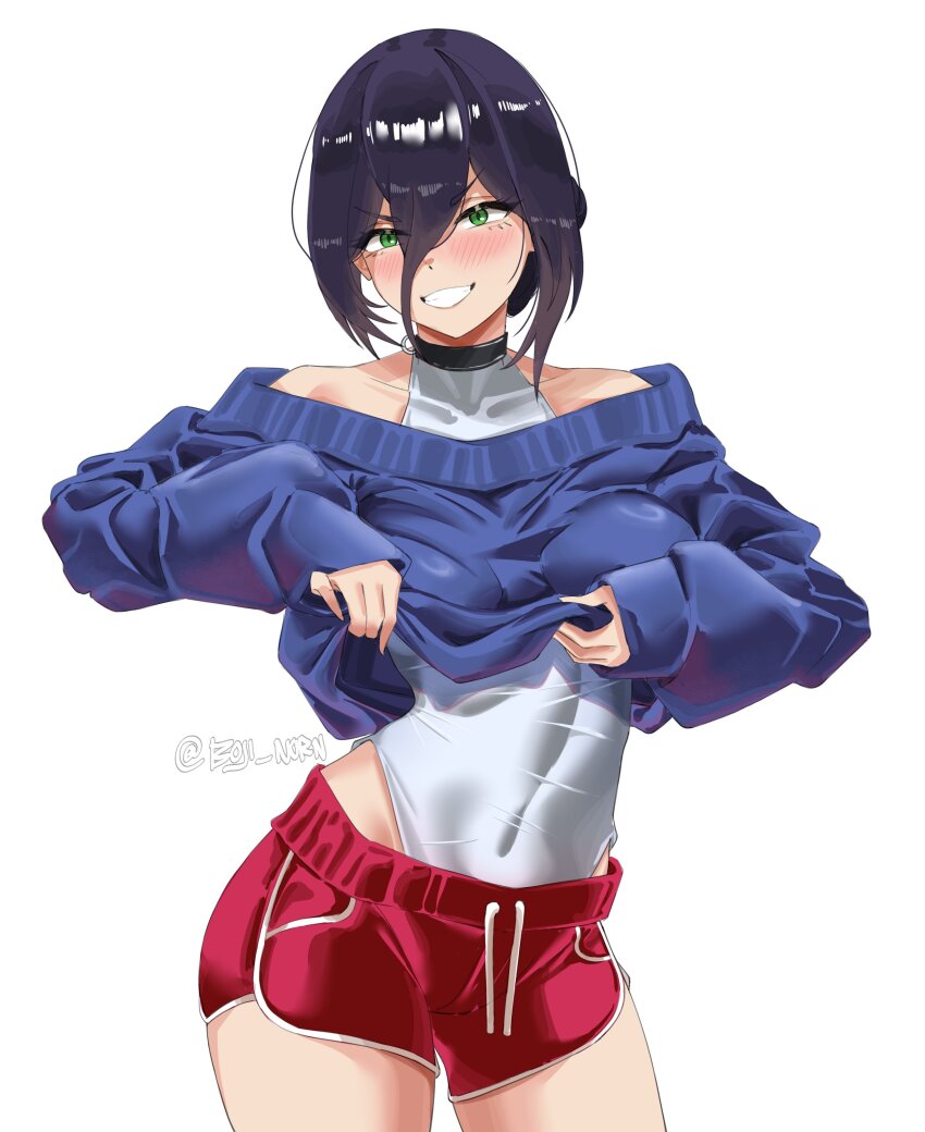 1girl, absurdres, black_choker, blue_sweater, boji_norn, breasts, chainsaw_man, choker