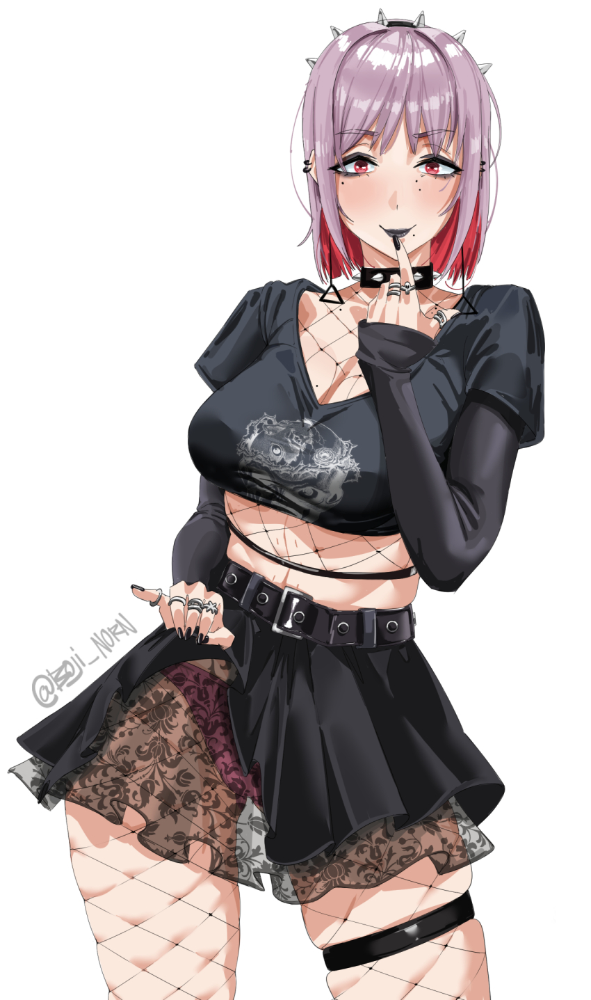 1girl, alternate_costume, belt, black_belt, black_lips, black_nails, black_shirt, black_skirt