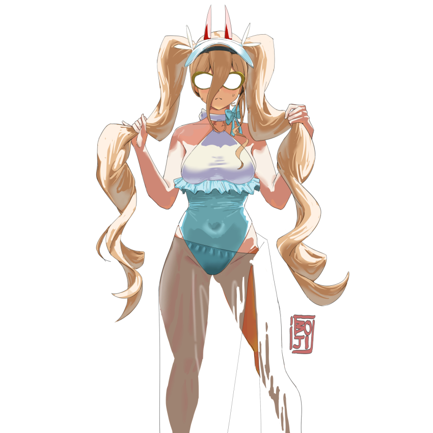 1girl, blonde_hair, blue_one-piece_swimsuit, boji_norn, breasts, chainsaw_man, closed_mouth, demon_girl