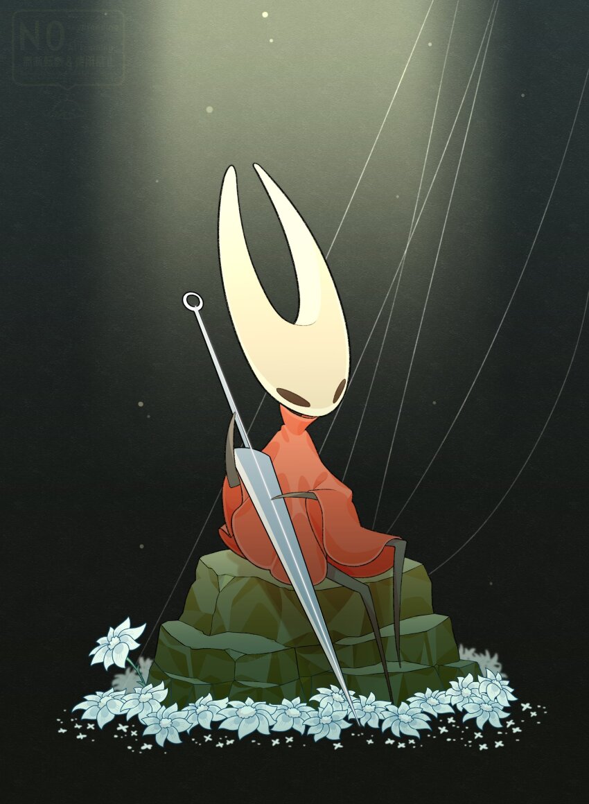 1girl, absurdres, arthropod_girl, black_eyes, black_skin, cloak, colored_skin, flower