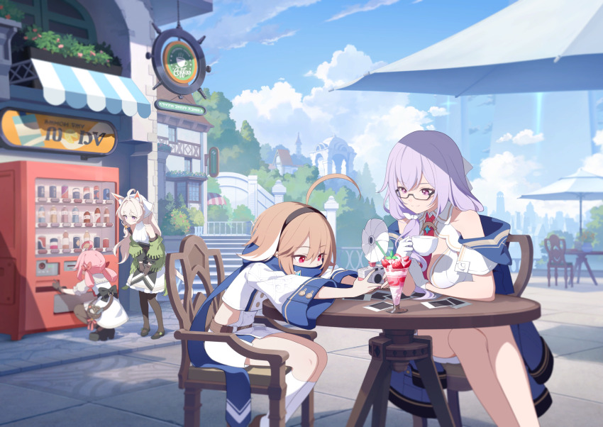 4girls, ahoge, bare_shoulders, between_breasts, black-framed_eyewear, blue_jacket, breasts, brown_hair