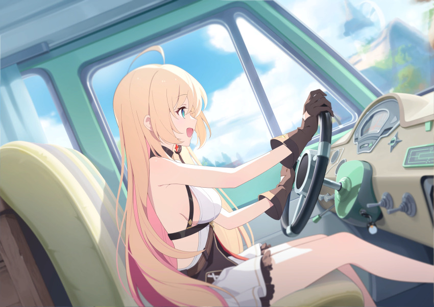 1girl, :d, backless_shirt, blonde_hair, blue_eyes, breasts, brown_gloves, driving, dutch_angle, feet_out_of_frame, game_cg, gloves, gradient_hair, highres, large_breasts, long_hair, lucky_oasis_(stella_sora), miniskirt, multicolored_hair, non-web_source, noya_(stella_sora), official_art, open_mouth, orange_hair, profile, self-datamine, shirt, sideboob, sideless_shirt, skirt, sleeveless, sleeveless_shirt, smile, solo, stella_sora, underbust, vehicle_interior, very_long_hair, white_shirt, white_skirt