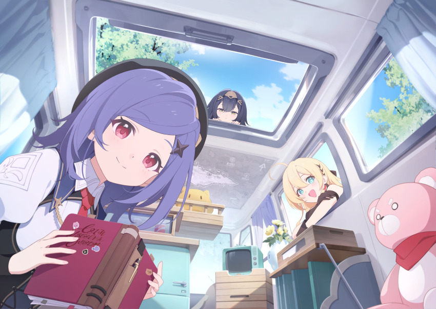 3girls, ahoge, amber_(stella_sora), black_hair, black_vest, blonde_hair, blue_eyes, book