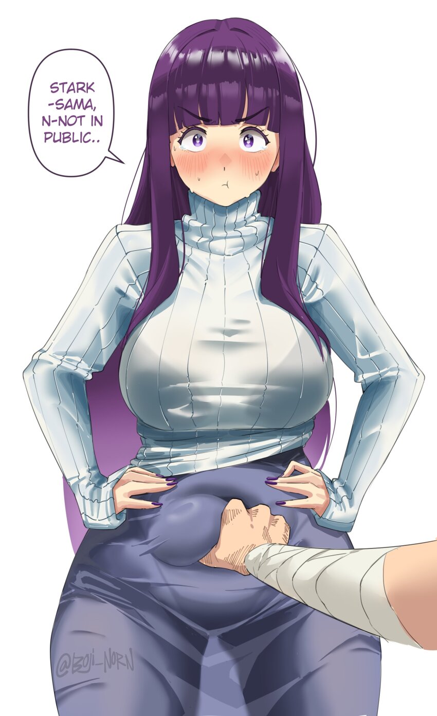 1boy, 1girl, absurdres, arm_wrap, blue_skirt, blush, boji_norn, breasts, closed_mouth, couple, english_text, fern_(sousou_no_frieren), pinching_another's_belly, highres, large_breasts, long_hair, pout, purple_eyes, purple_hair, purple_nails, simple_background, skirt, sousou_no_frieren, speech_bubble, stark_(sousou_no_frieren), sweat, sweater, turtleneck, turtleneck_sweater, white_background, white_sweater