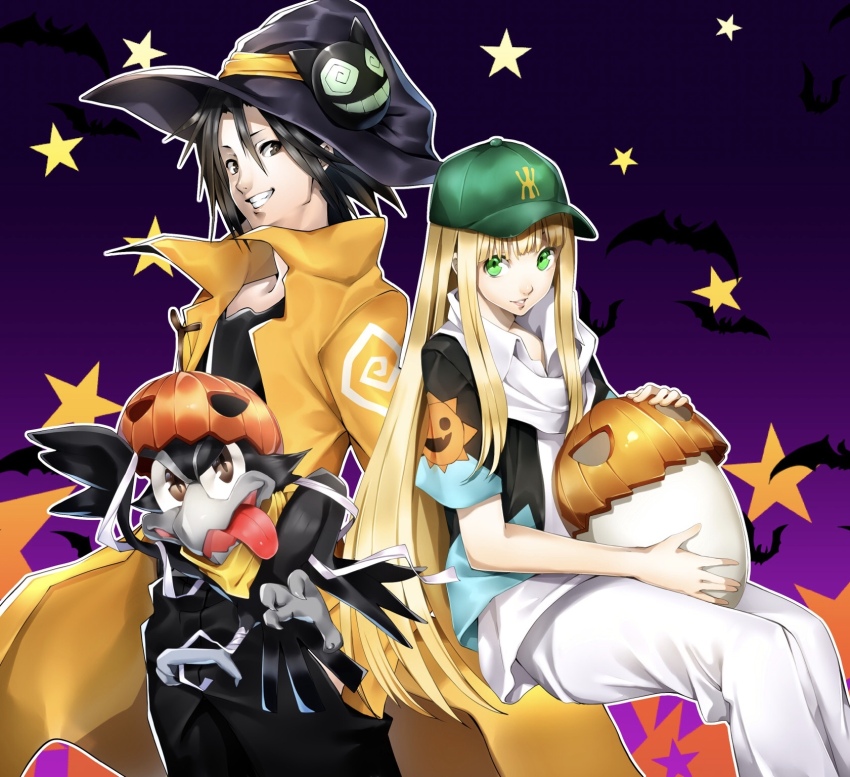 1boy, 1girl, baseball_cap, bat_(animal), bird, black_hair, coat, green_eyes