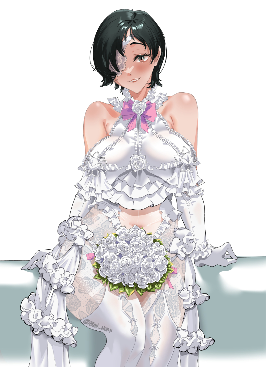 1girl, absurdres, alternate_costume, between_thighs, black_hair, boji_norn, bouquet, bow
