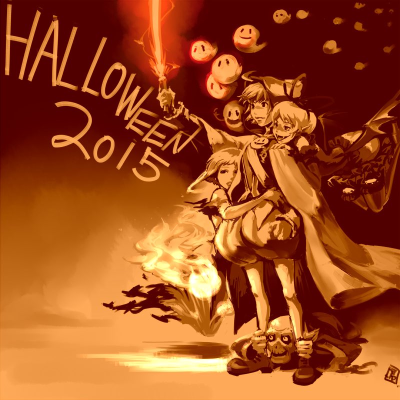 2boys, 2girls, closed_mouth, frilled_thighhighs, frills, full_body, garter_straps, ghost