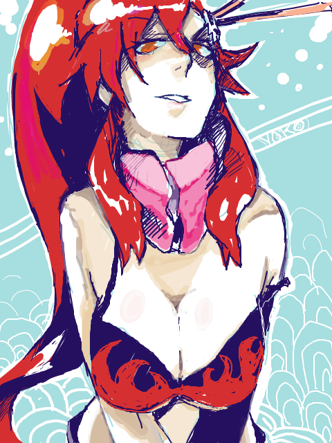 00s, 1girl, bikini, bikini_top_only, breasts, cleavage, female_focus, hair_ornament