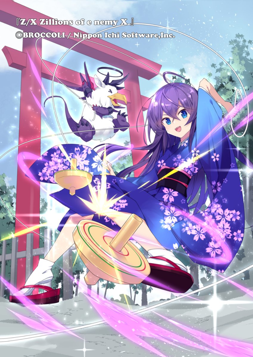 1girl, ahoge, bird, blue_eyes, blue_kimono, copyright_notice, floral_print, floral_print_kimono, hair_between_eyes, highres, holding, holding_string, japanese_clothes, kamiyugi_yachiyo, kimono, kuro_work, official_art, open_mouth, outdoors, print_kimono, purple_hair, sandals, socks, sparkle, spinning_top, string, teeth, torii, upper_teeth_only, white_socks, z/x, zouri